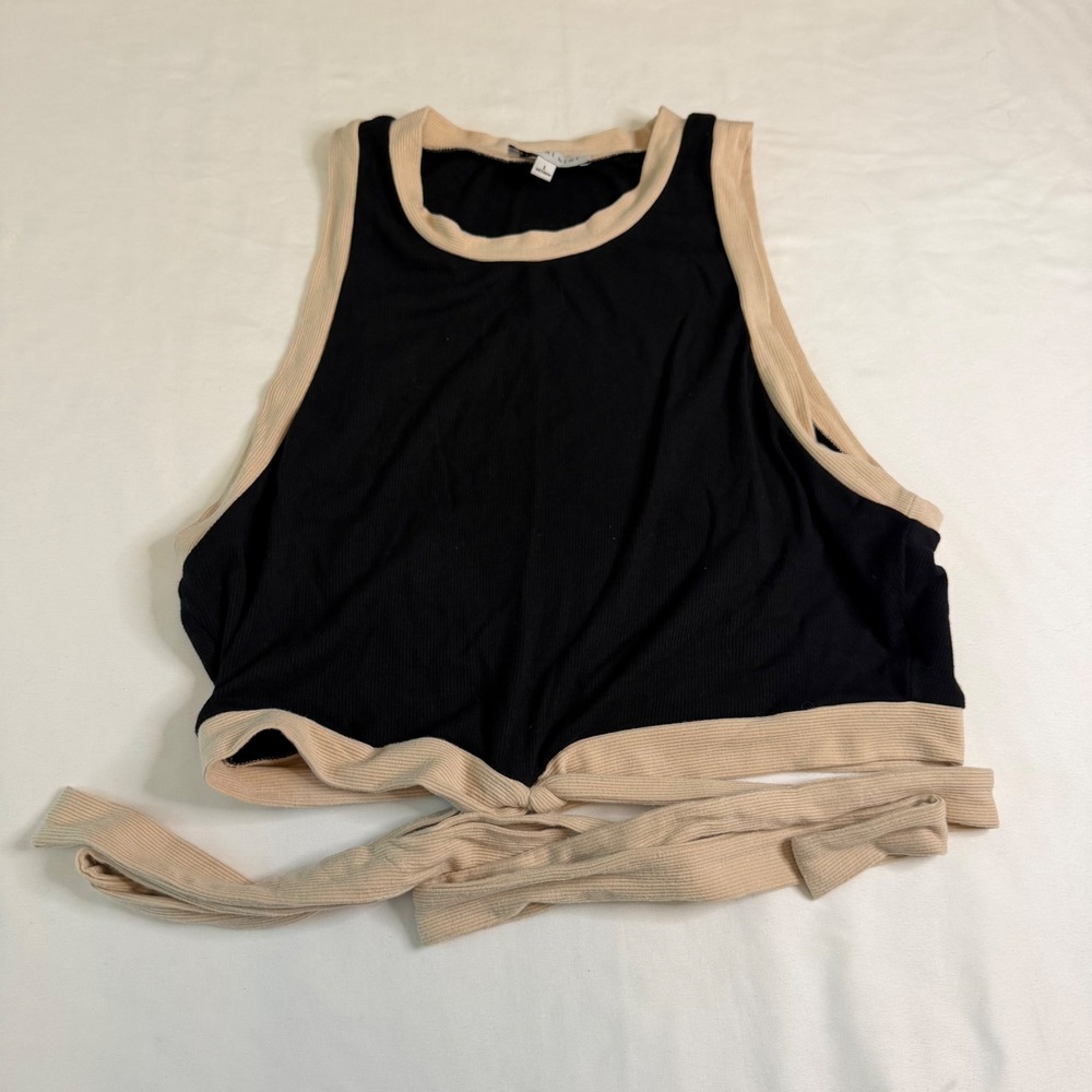 Gianni Bini Womens Black Tan Ribbed Wrap Tie Hem Crop Top Large